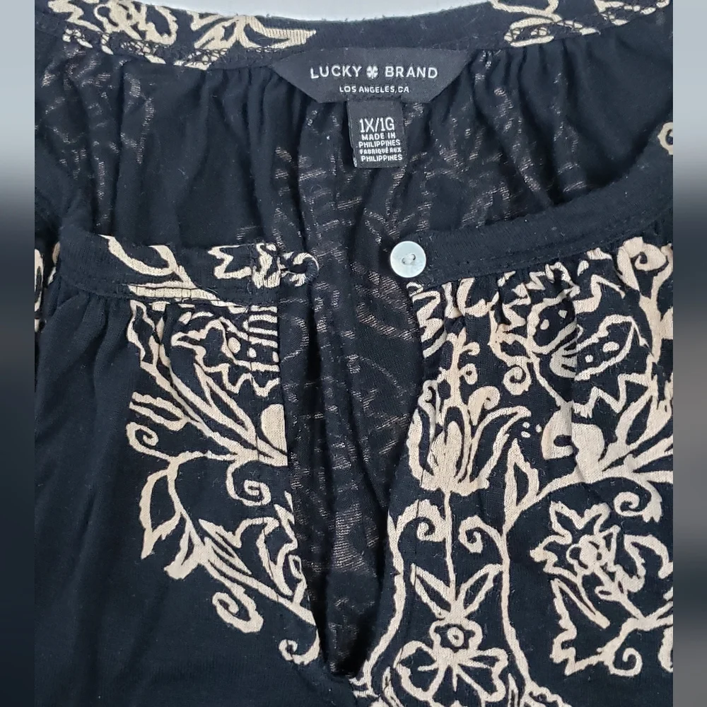 Lucky Brand Black Keyhole Detail Peasant Top Black & Tan Size 1X Boho